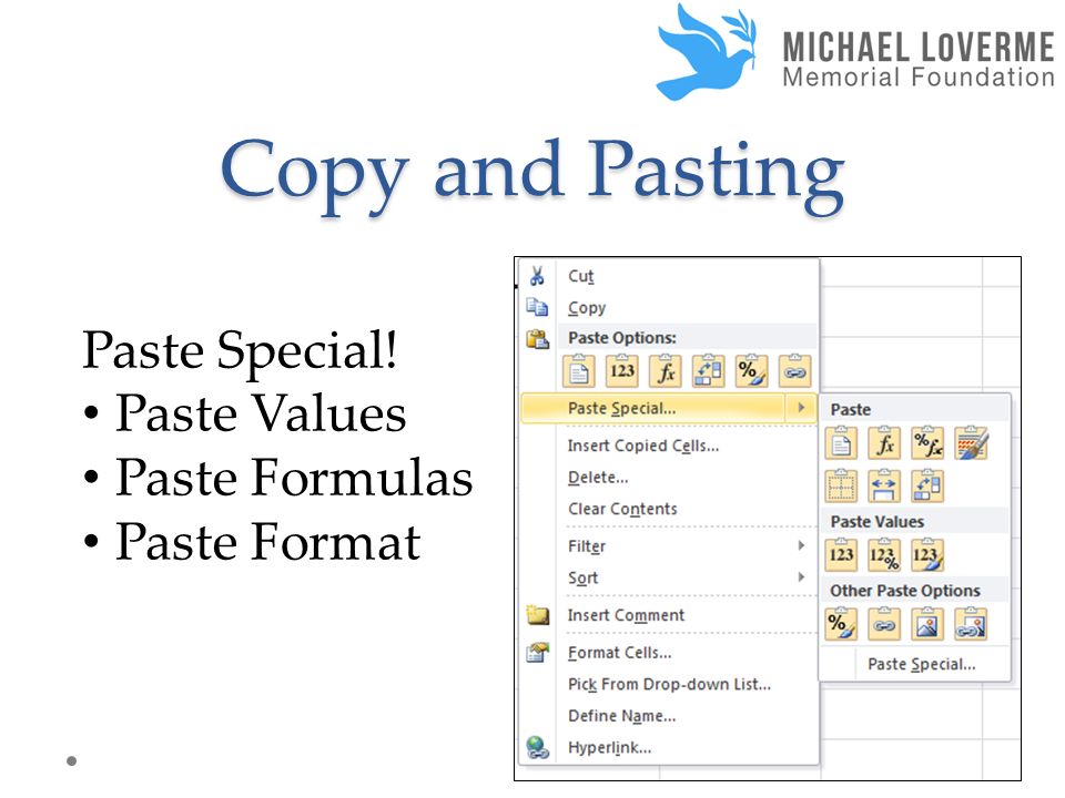 Copy and Pasting Paste Special! Paste Values Paste Formulas Paste Format