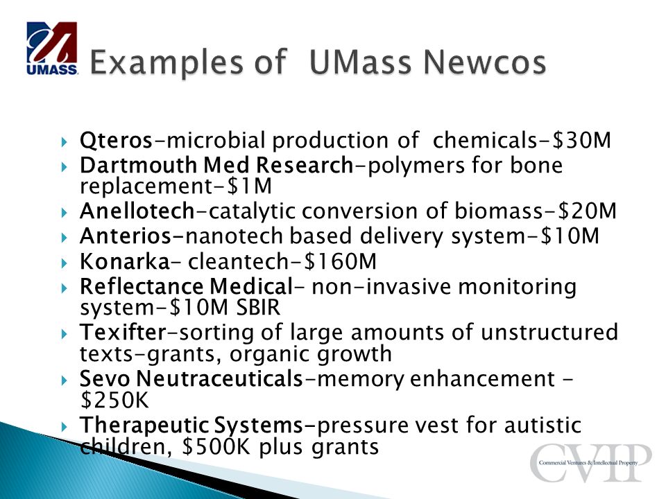 Qteros-microbial production of chemicals-$30M  Dartmouth Med Research-polymers for bone replacement-$1M  Anellotech-catalytic conversion of biomass-$20M  Anterios-nanotech based delivery system-$10M  Konarka- cleantech-$160M  Reflectance Medical- non-invasive monitoring system-$10M SBIR  Texifter-sorting of large amounts of unstructured texts-grants, organic growth  Sevo Neutraceuticals-memory enhancement - $250K  Therapeutic Systems-pressure vest for autistic children, $500K plus grants
