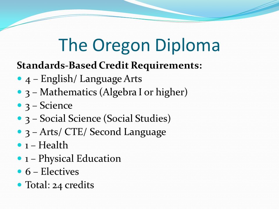 The Oregon Diploma Standards-Based Credit Requirements: 4 – English/ Language Arts 3 – Mathematics (Algebra I or higher) 3 – Science 3 – Social Science (Social Studies) 3 – Arts/ CTE/ Second Language 1 – Health 1 – Physical Education 6 – Electives Total: 24 credits