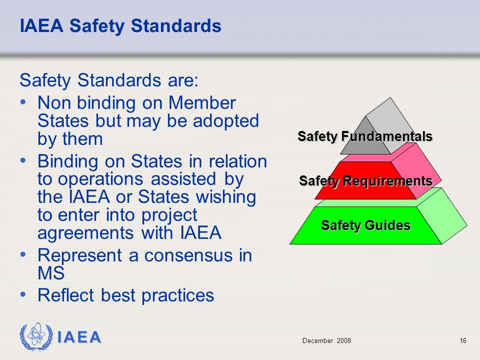 December IAEA Safety Standards Safety Standards are: Non binding on Member States but may be adopted by them Binding on States in relation to operations assisted by the IAEA or States wishing to enter into project agreements with IAEA Represent a consensus in MS Reflect best practices Safety Guides Safety Requirements Safety Fundamentals