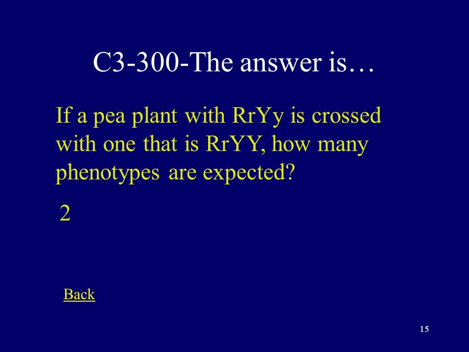 14 C3-200-The answer is… How many allele combinations can be formed from SsRR. 2 Back