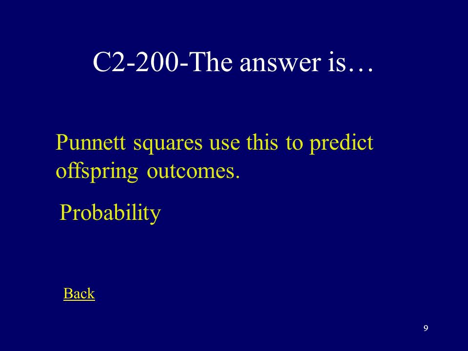 8 C2-100-The answer is… When you flip a coin three times, what is the probability that heads will come up the third time : 50% Back
