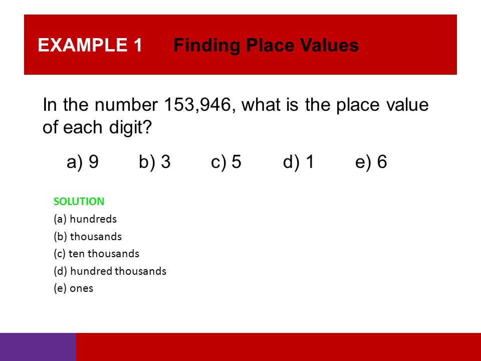 EXAMPLE 1 Finding Place Values In the number 153,946, what is the place value of each digit.