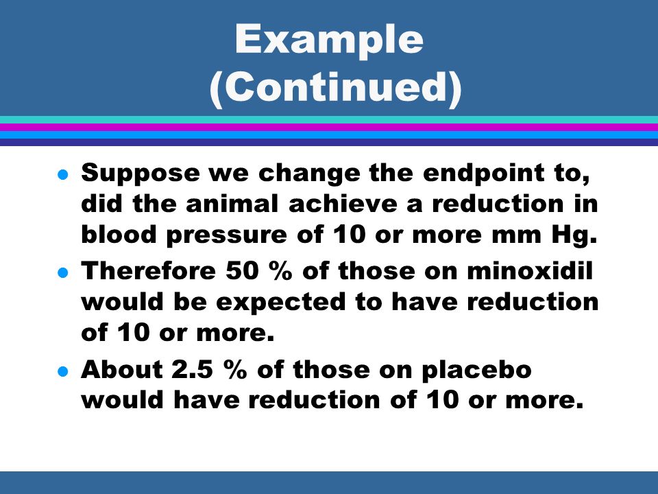 Example (Continued) l Suppose we change the endpoint to, did the animal achieve a reduction in blood pressure of 10 or more mm Hg.