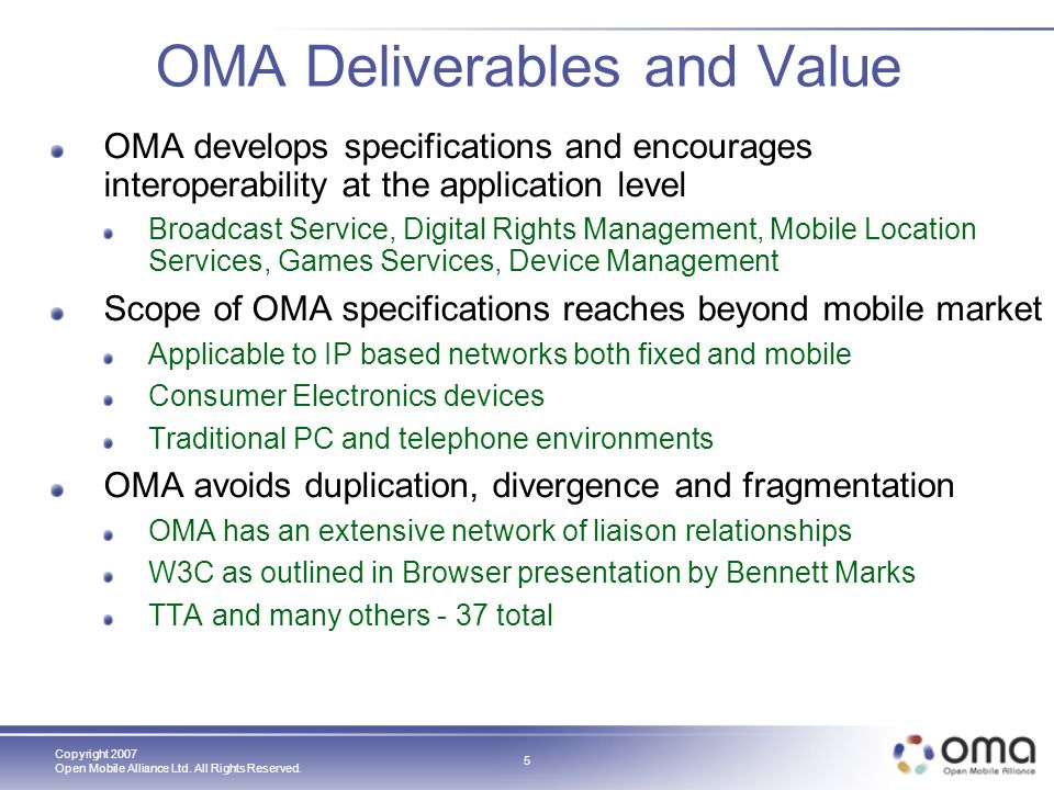 Open Mobile Alliance Application Layer Interoperability in a Converged  World IMOBICON Mark Cataldo Chairman, Open Mobile Alliance Technical  Plenary August. - ppt download