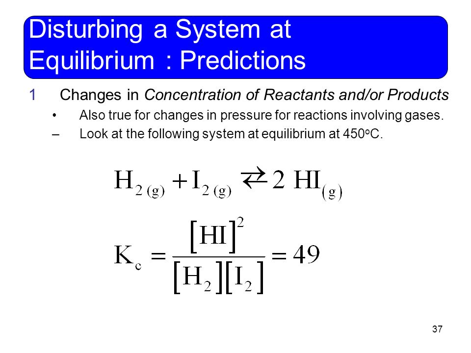37 Disturbing a System at Equilibrium : Predictions 1Changes in Concentration of Reactants and/or Products Also true for changes in pressure for reactions involving gases.