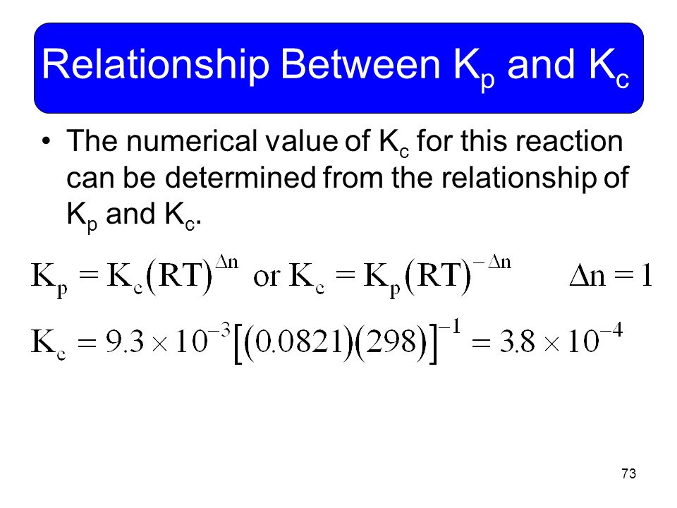 73 Relationship Between K p and K c The numerical value of K c for this reaction can be determined from the relationship of K p and K c.