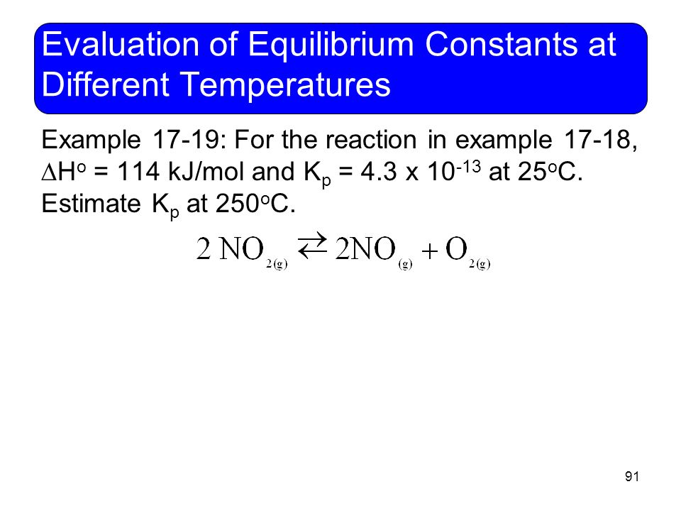 91 Evaluation of Equilibrium Constants at Different Temperatures Example 17-19: For the reaction in example 17-18,  H o = 114 kJ/mol and K p = 4.3 x at 25 o C.