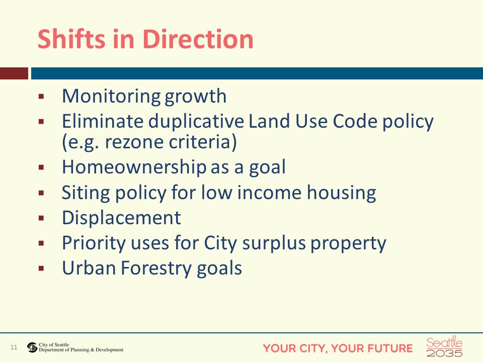 11 Shifts in Direction  Monitoring growth  Eliminate duplicative Land Use Code policy (e.g.