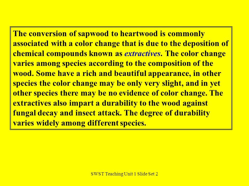 SWST Teaching Unit 1 Slide Set 2 The conversion of sapwood to heartwood is commonly associated with a color change that is due to the deposition of chemical compounds known as extractives.