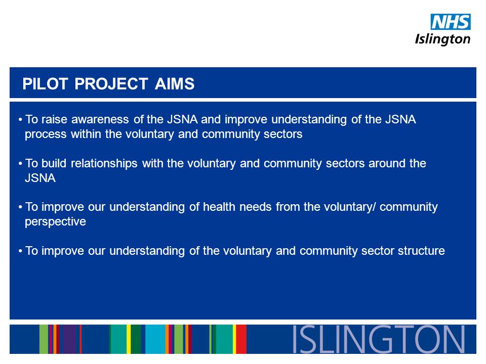PILOT PROJECT AIMS To raise awareness of the JSNA and improve understanding of the JSNA process within the voluntary and community sectors To build relationships with the voluntary and community sectors around the JSNA To improve our understanding of health needs from the voluntary/ community perspective To improve our understanding of the voluntary and community sector structure