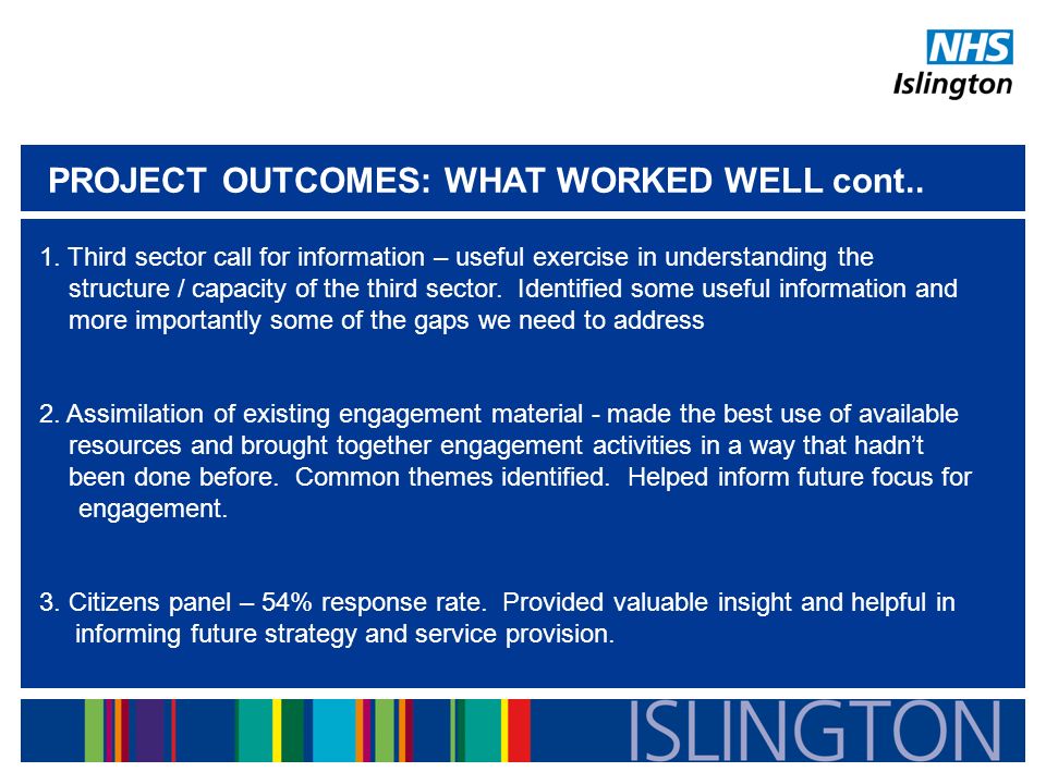 PROJECT OUTCOMES: WHAT WORKED WELL cont.. 1.