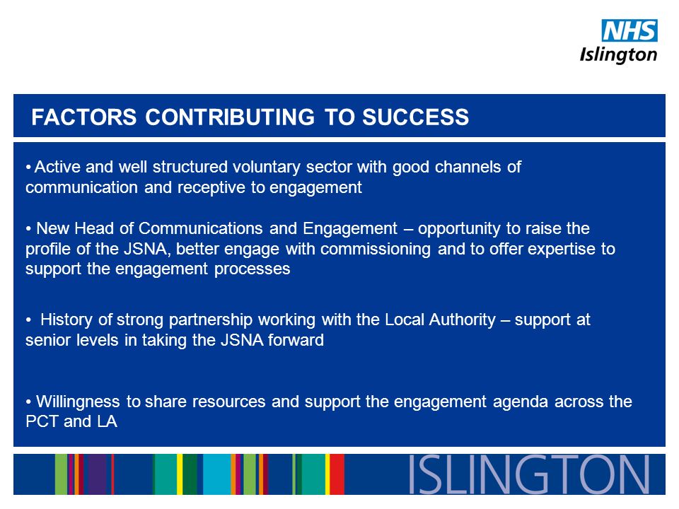 FACTORS CONTRIBUTING TO SUCCESS Active and well structured voluntary sector with good channels of communication and receptive to engagement New Head of Communications and Engagement – opportunity to raise the profile of the JSNA, better engage with commissioning and to offer expertise to support the engagement processes History of strong partnership working with the Local Authority – support at senior levels in taking the JSNA forward Willingness to share resources and support the engagement agenda across the PCT and LA