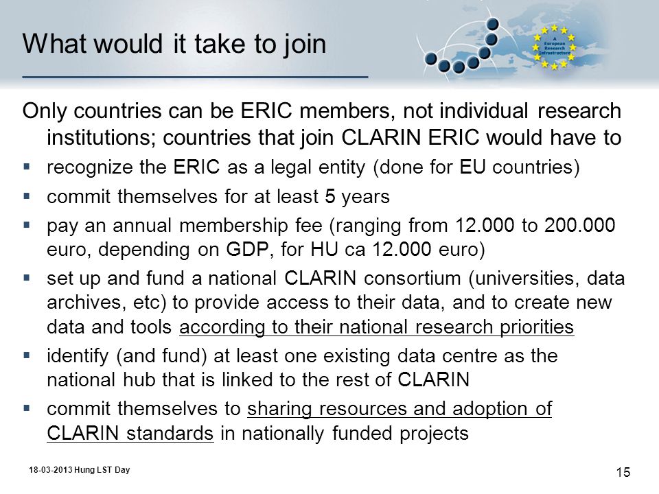 Hung LST Day 15 What would it take to join Only countries can be ERIC members, not individual research institutions; countries that join CLARIN ERIC would have to  recognize the ERIC as a legal entity (done for EU countries)  commit themselves for at least 5 years  pay an annual membership fee (ranging from to euro, depending on GDP, for HU ca euro)  set up and fund a national CLARIN consortium (universities, data archives, etc) to provide access to their data, and to create new data and tools according to their national research priorities  identify (and fund) at least one existing data centre as the national hub that is linked to the rest of CLARIN  commit themselves to sharing resources and adoption of CLARIN standards in nationally funded projects