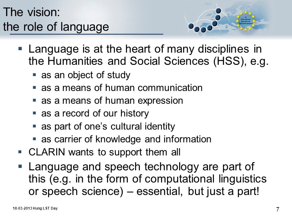 Hung LST Day 7 The vision: the role of language  Language is at the heart of many disciplines in the Humanities and Social Sciences (HSS), e.g.