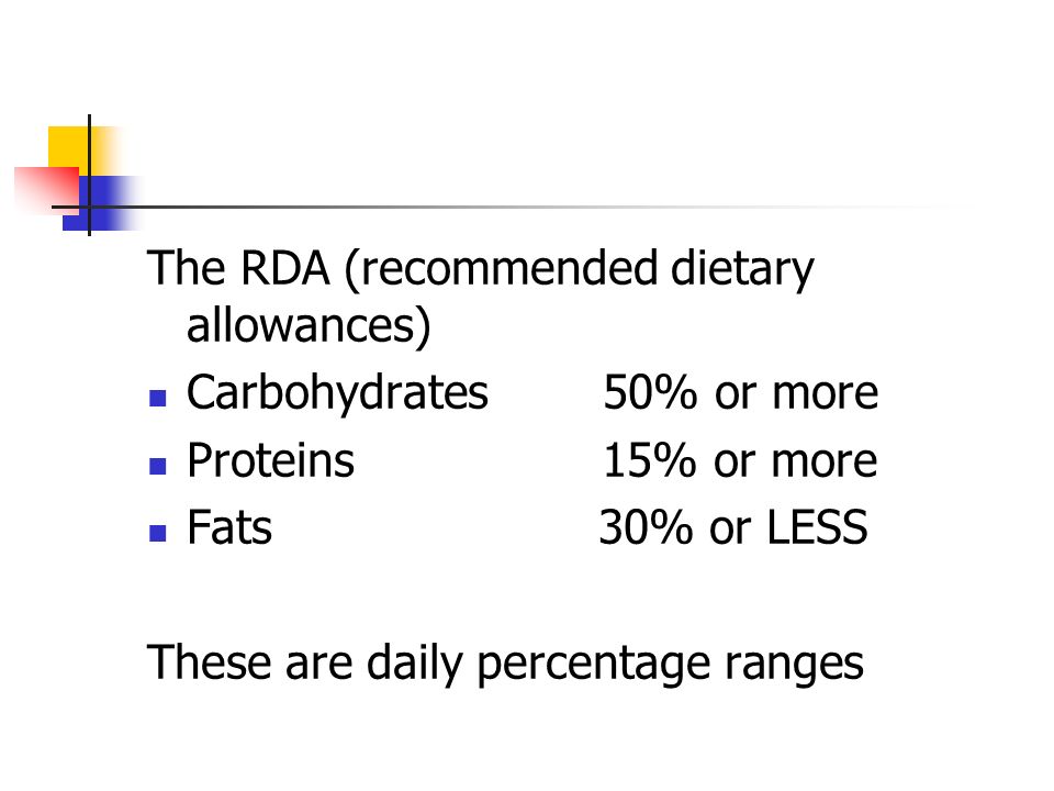 The RDA (recommended dietary allowances) Carbohydrates 50% or more Proteins 15% or more Fats 30% or LESS These are daily percentage ranges