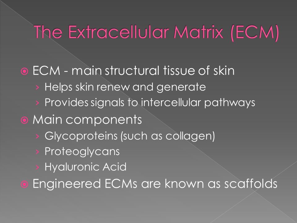  ECM - main structural tissue of skin › Helps skin renew and generate › Provides signals to intercellular pathways  Main components › Glycoproteins (such as collagen) › Proteoglycans › Hyaluronic Acid  Engineered ECMs are known as scaffolds