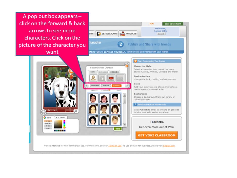 A pop out box appears – click on the forward & back arrows to see more characters.