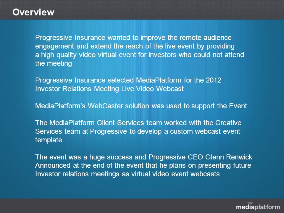 progressive 2012 investor relations webcast case study. - ppt download progressive 2012 investor relations webcast case study. - ppt download, Investor Relations Presentation Template, Presentation templates