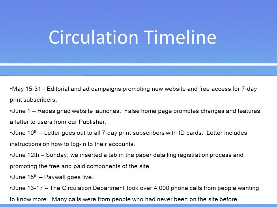 Circulation Timeline May Editorial and ad campaigns promoting new website and free access for 7-day print subscribers.