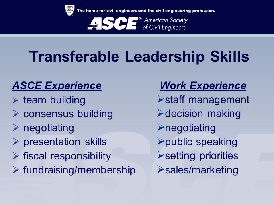 Transferable Leadership Skills Work Experience  staff management  decision making  negotiating  public speaking  setting priorities  sales/marketing ASCE Experience  team building  consensus building  negotiating  presentation skills  fiscal responsibility  fundraising/membership