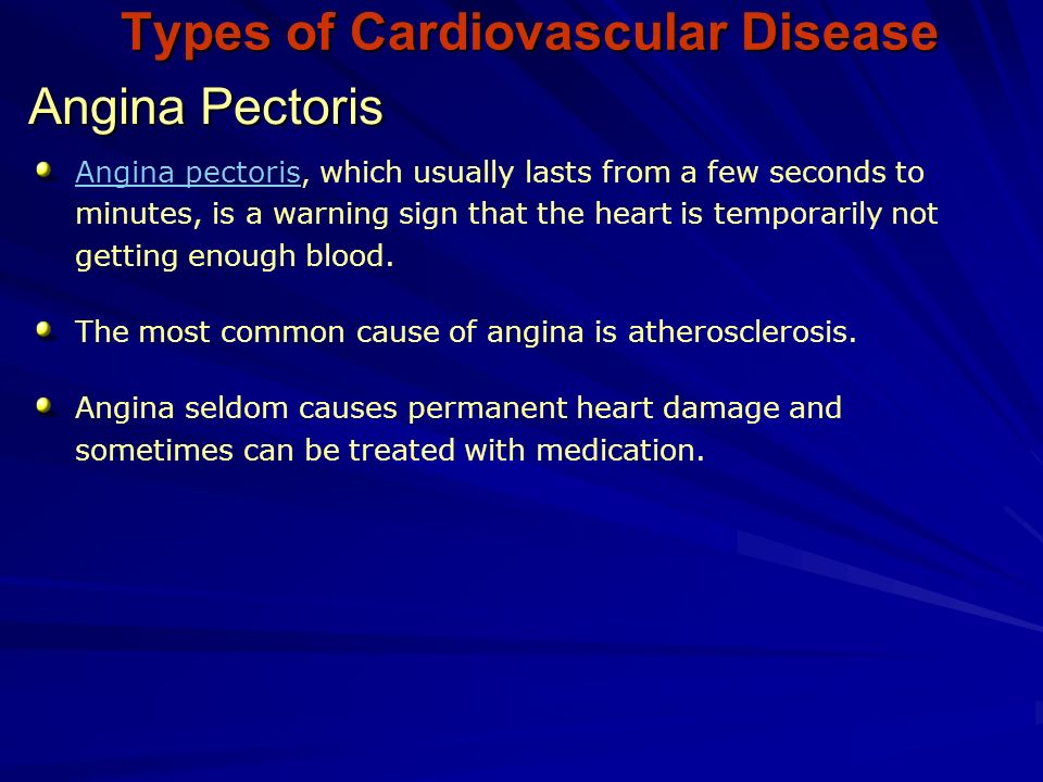 Angina Pectoris Angina pectoris Angina pectoris, which usually lasts from a few seconds to minutes, is a warning sign that the heart is temporarily not getting enough blood.