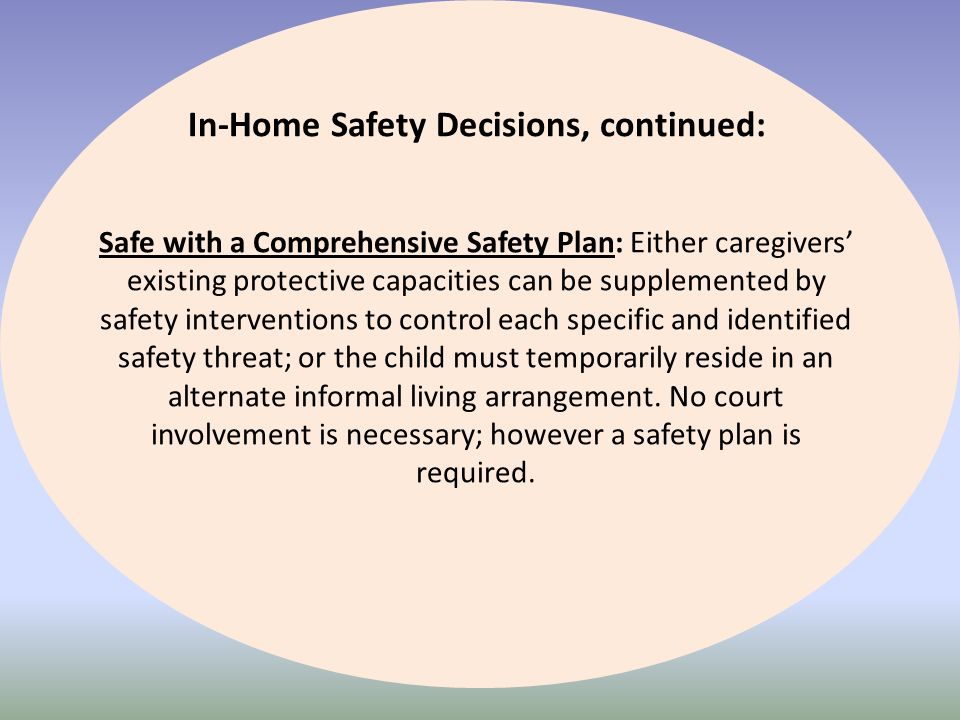In-Home Safety Decisions, continued: Safe with a Comprehensive Safety Plan: Either caregivers’ existing protective capacities can be supplemented by safety interventions to control each specific and identified safety threat; or the child must temporarily reside in an alternate informal living arrangement.