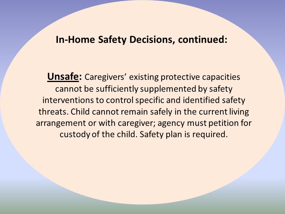 In-Home Safety Decisions, continued: Unsafe: Caregivers’ existing protective capacities cannot be sufficiently supplemented by safety interventions to control specific and identified safety threats.