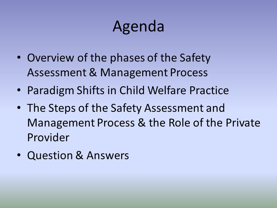 Agenda Overview of the phases of the Safety Assessment & Management Process Paradigm Shifts in Child Welfare Practice The Steps of the Safety Assessment and Management Process & the Role of the Private Provider Question & Answers