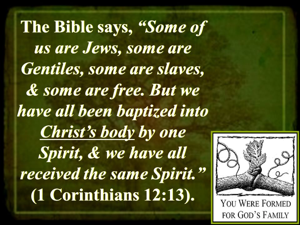 The Bible says, Some of us are Jews, some are Gentiles, some are slaves, & some are free.