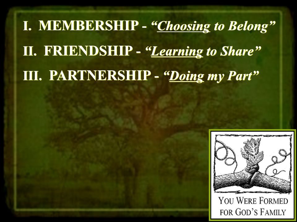 I. MEMBERSHIP - Choosing to Belong II. FRIENDSHIP - Learning to Share III.