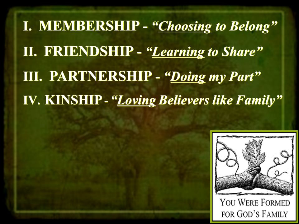 I. MEMBERSHIP - Choosing to Belong II. FRIENDSHIP - Learning to Share III.
