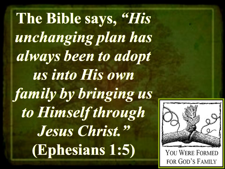 The Bible says, His unchanging plan has always been to adopt us into His own family by bringing us to Himself through Jesus Christ. (Ephesians 1:5)
