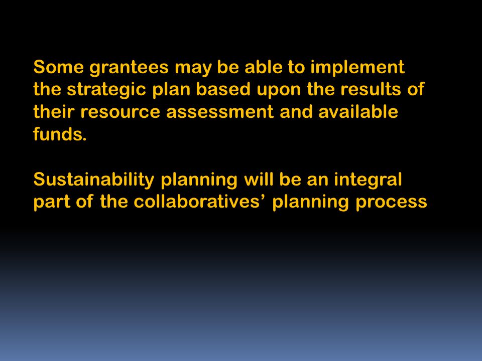 Some grantees may be able to implement the strategic plan based upon the results of their resource assessment and available funds.
