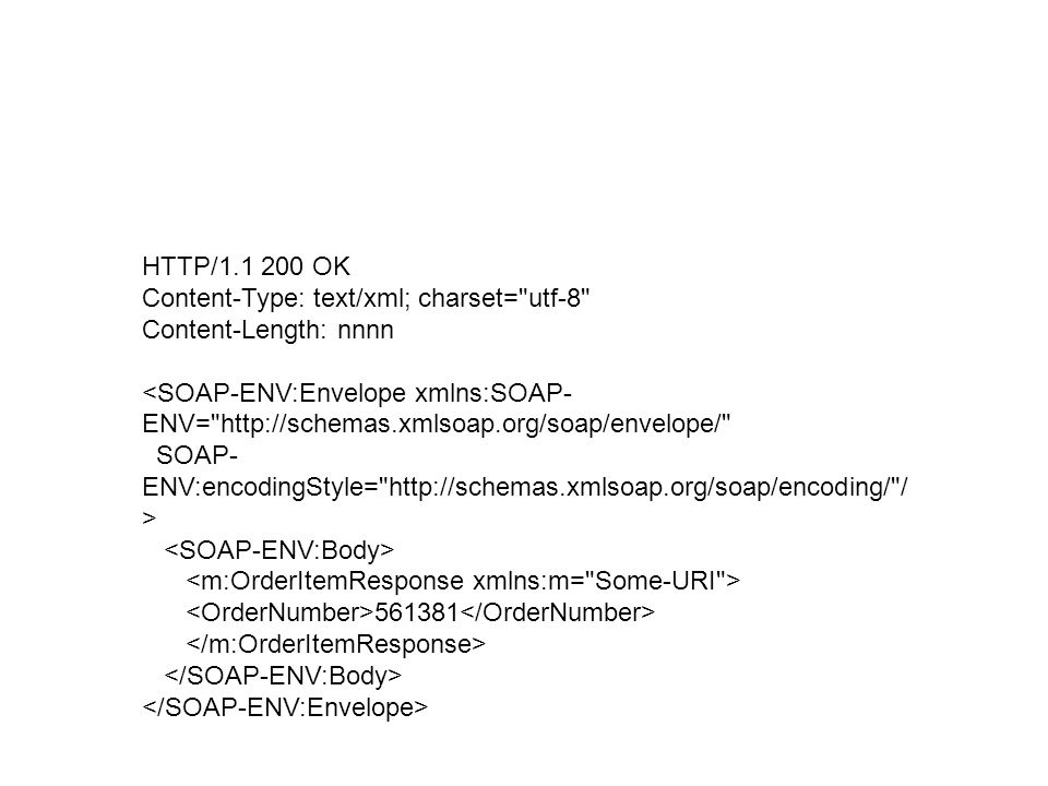 HTTP/ OK Content-Type: text/xml; charset= utf-8 Content-Length: nnnn <SOAP-ENV:Envelope xmlns:SOAP- ENV=   SOAP- ENV:encodingStyle=   / >