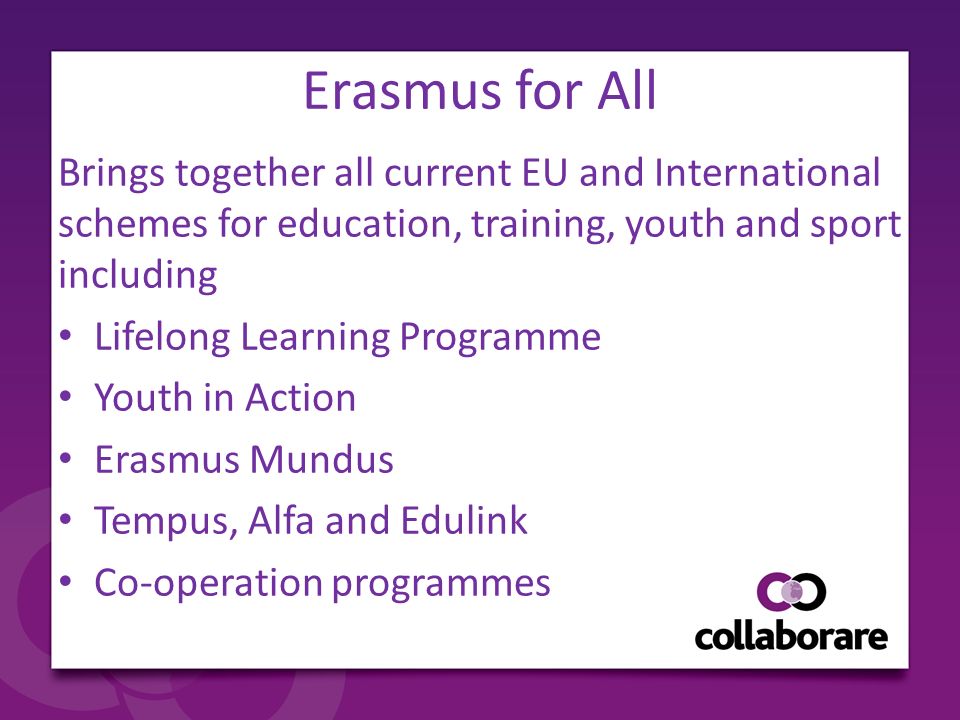 Erasmus for All Brings together all current EU and International schemes for education, training, youth and sport including Lifelong Learning Programme Youth in Action Erasmus Mundus Tempus, Alfa and Edulink Co-operation programmes