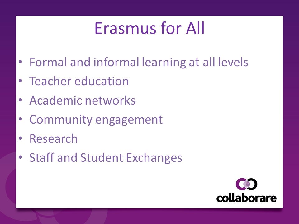 Erasmus for All Formal and informal learning at all levels Teacher education Academic networks Community engagement Research Staff and Student Exchanges