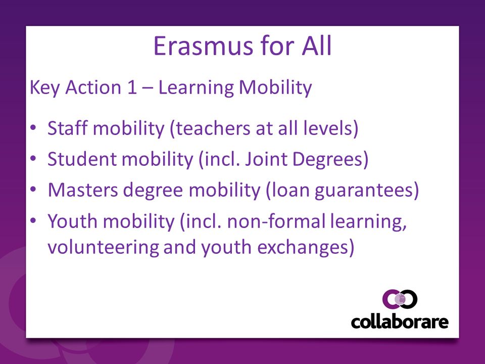 Erasmus for All Key Action 1 – Learning Mobility Staff mobility (teachers at all levels) Student mobility (incl.