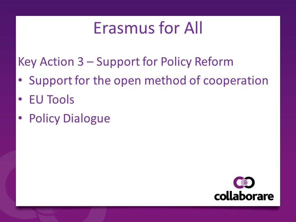 Erasmus for All Key Action 3 – Support for Policy Reform Support for the open method of cooperation EU Tools Policy Dialogue