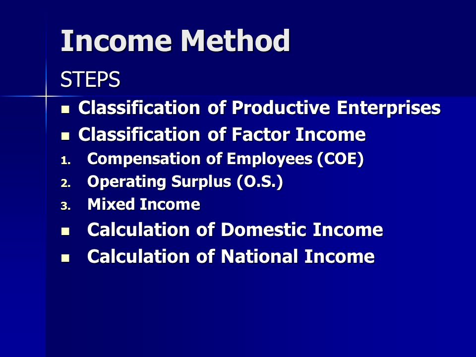 Income Method STEPS Classification of Productive Enterprises Classification of Productive Enterprises Classification of Factor Income Classification of Factor Income 1.