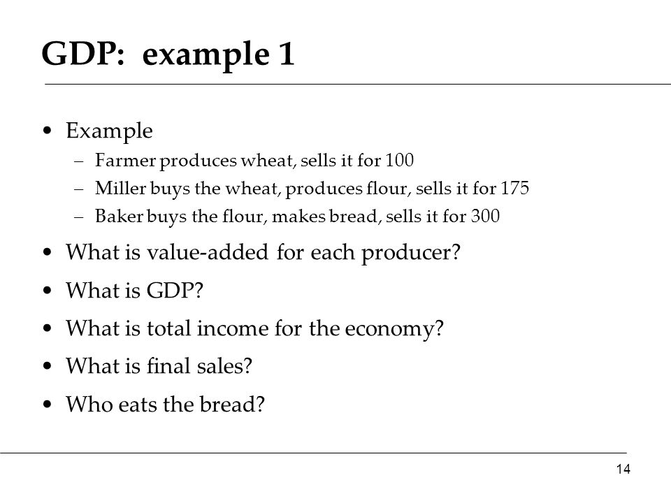 GDP: example 1 Example –Farmer produces wheat, sells it for 100 –Miller buys the wheat, produces flour, sells it for 175 –Baker buys the flour, makes bread, sells it for 300 What is value-added for each producer.