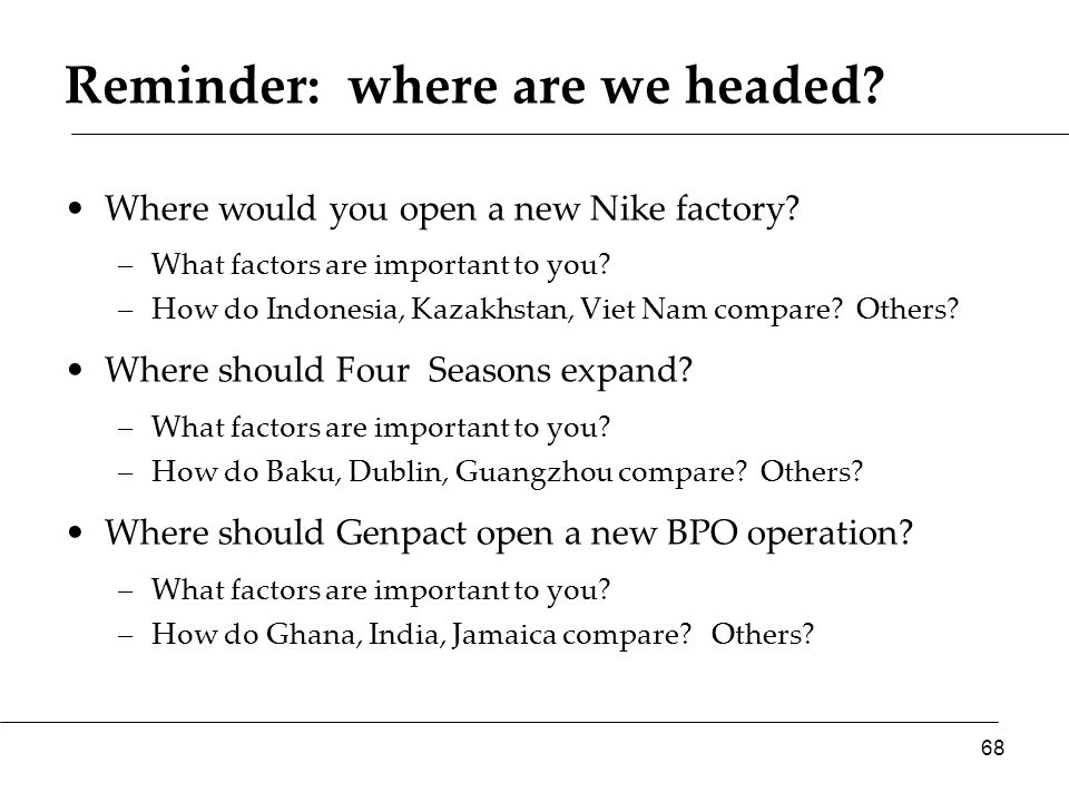 Reminder: where are we headed. Where would you open a new Nike factory.
