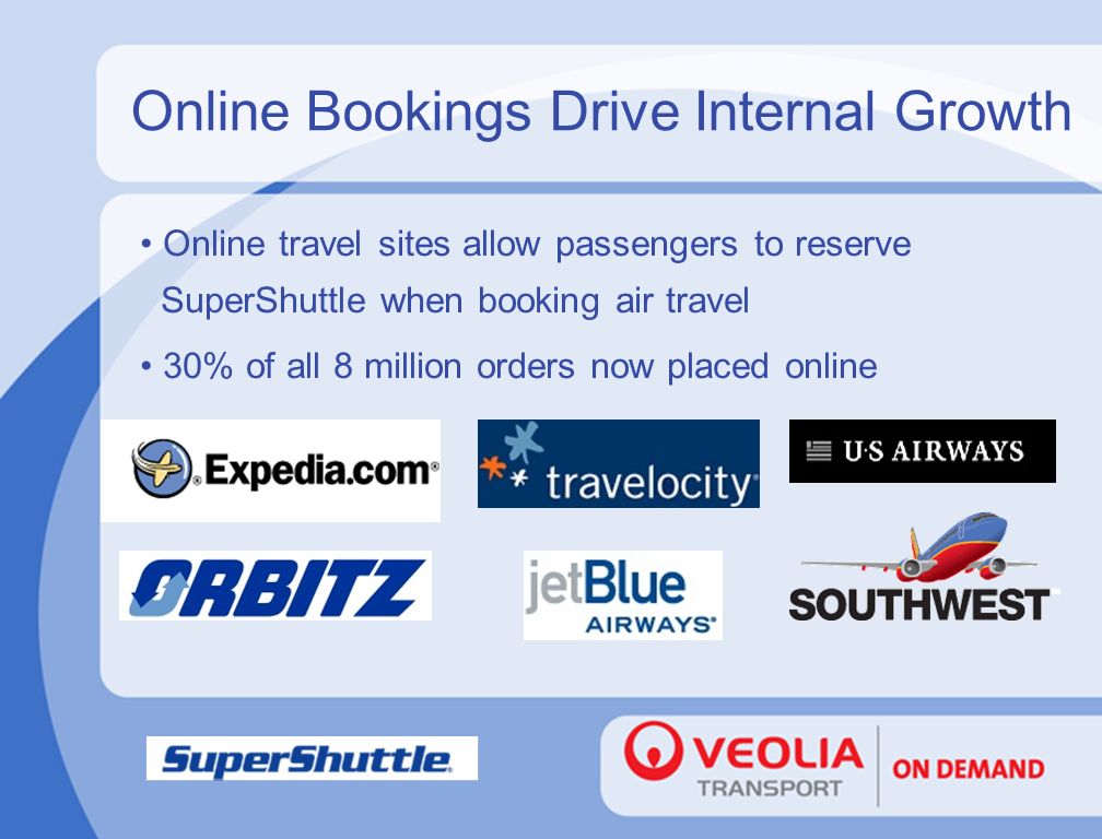 Online Bookings Drive Internal Growth Online travel sites allow passengers to reserve SuperShuttle when booking air travel 30% of all 8 million orders now placed online