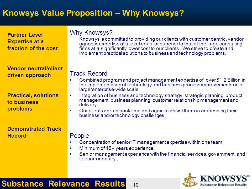 Substance Relevance Results 10 Knowsys Value Proposition – Why Knowsys.