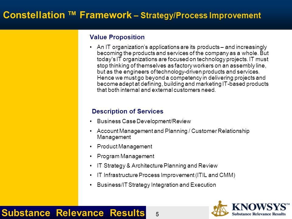 Substance Relevance Results 5 Constellation ™ Framework – Strategy/Process Improvement Value Proposition An IT organization’s applications are its products – and increasingly becoming the products and services of the company as a whole.