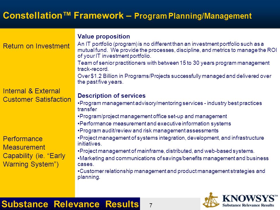 Substance Relevance Results 7 Constellation™ Framework – Program Planning/Management Value proposition An IT portfolio (program) is no different than an investment portfolio such as a mutual fund.