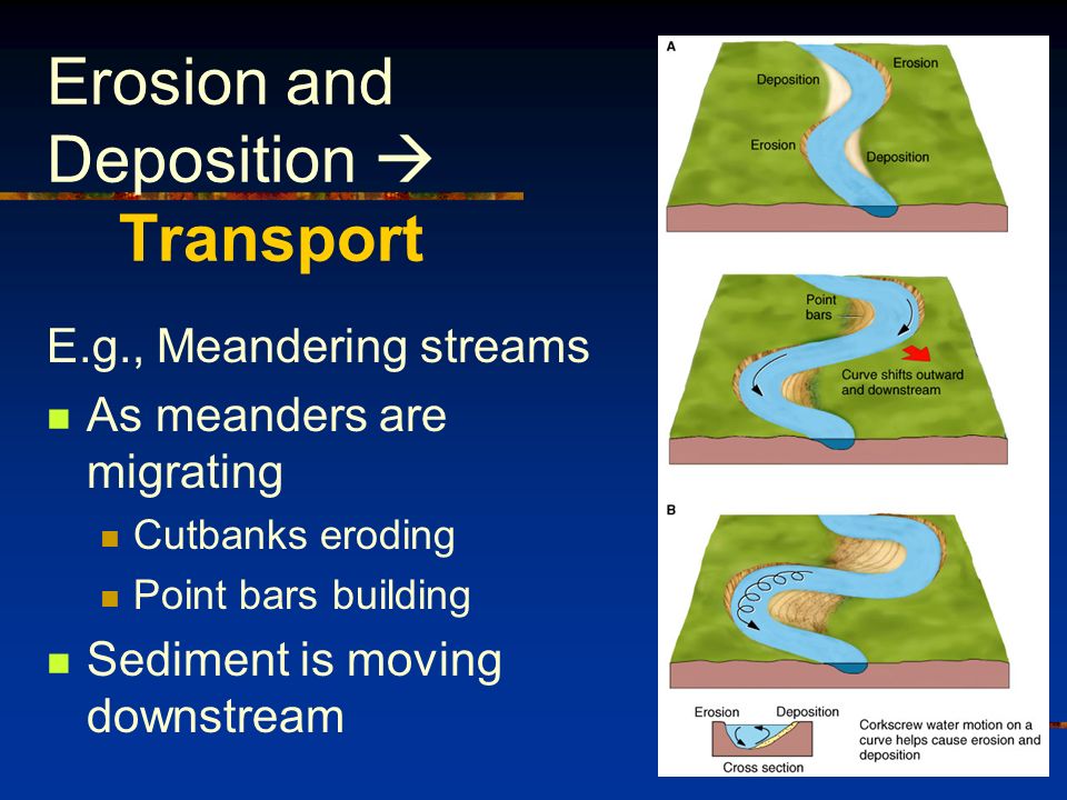 Erosion and Deposition  Transport E.g., Meandering streams As meanders are migrating Cutbanks eroding Point bars building Sediment is moving downstream