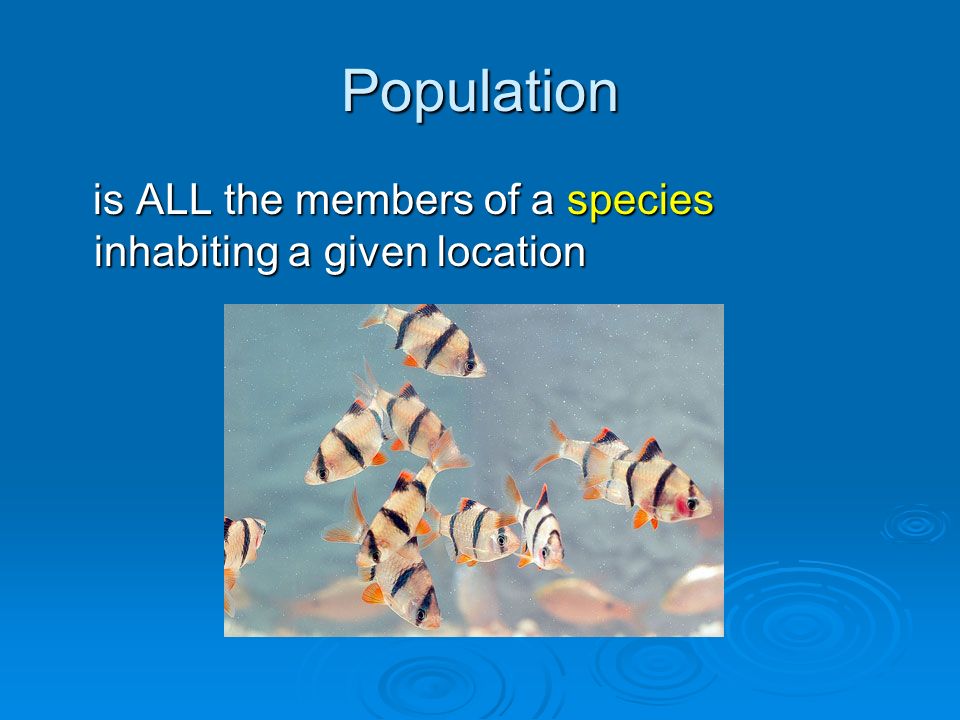 Population is ALL the members of a species inhabiting a given location is ALL the members of a species inhabiting a given location