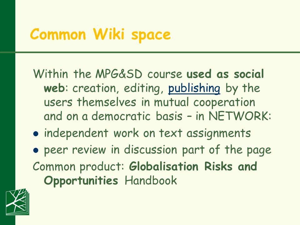Common Wiki space Within the MPG&SD course used as social web: creation, editing, publishing by the users themselves in mutual cooperation and on a democratic basis – in NETWORK:publishing independent work on text assignments peer review in discussion part of the page Common product: Globalisation Risks and Opportunities Handbook