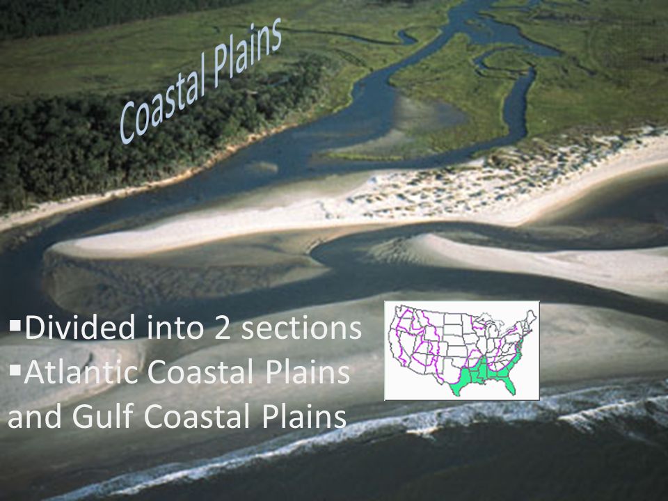  Divided into 2 sections  Atlantic Coastal Plains and Gulf Coastal Plains